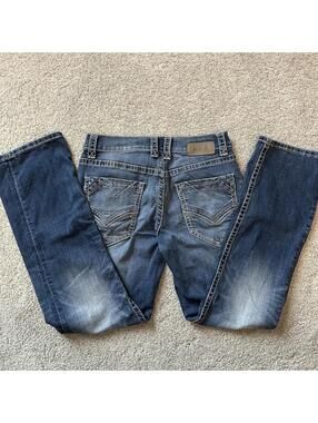 Buckle Black Men’s size 31R Bootleg Jeans Medium Wash Distressed Denim